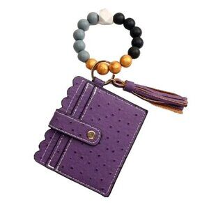 Faux Ostrich Pattern Tassel Beaded Bangle Keychain With Wallet Wristlet NEW‎